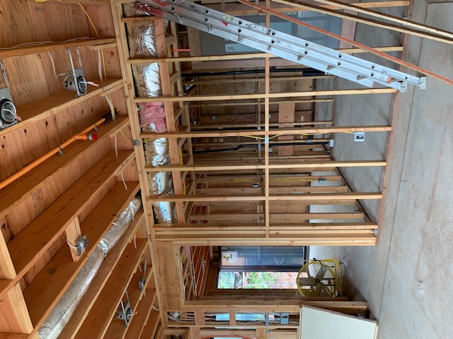 Ceiling wiring and recessed lighting locations in exposed framing